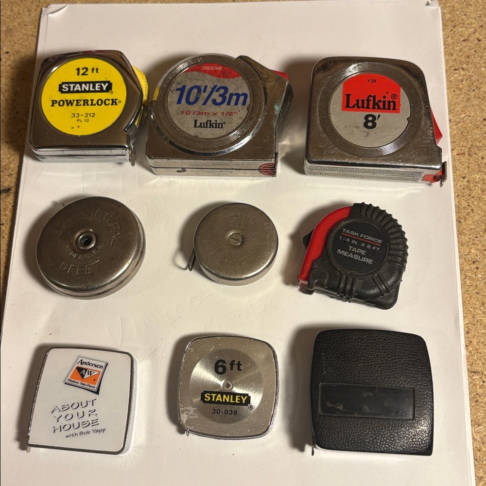 LOT OF 9 TAPE MEASURES Lufkin, Powelock, Mechanics Pale, Task Force & Stanley